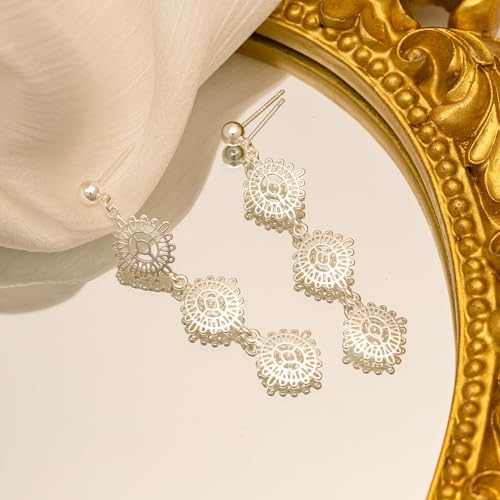 LLWOM 14K Gold/White Gold Plated CZ/Flower/North Star/Leaf Dangle Drop Earrings Studs for Women, Statement Earrings for Wedding Party Prom, Hypoallergenic Jewelry Gift - color: Silver Flower