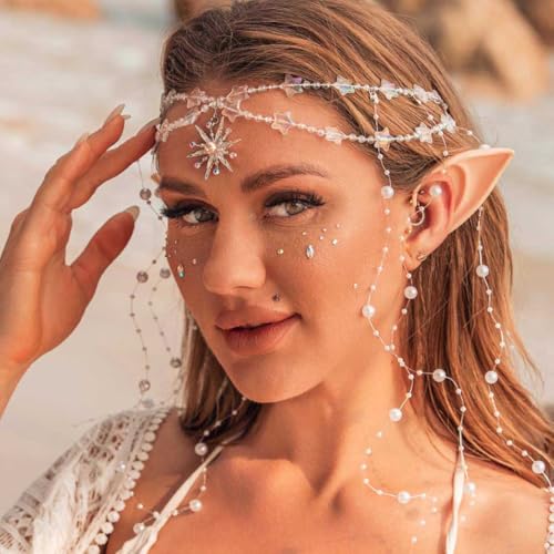 Aukmla Star Boho Head Chain Pearl Tassel Fairy Headpiece for Women | Silver Hair Chains Jewelry Halloween Costume headdress Festival Headband Hair Accessories with Elf Ears