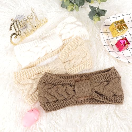 DRESHOW Crochet Ear Warmer Headband Soft Knit Chunky Turban Stretch Thick Headbands Warmer Fuzzy Head Wrap for Women - color: 3 Pcs Knot Style: White, Ivory White, Khaki