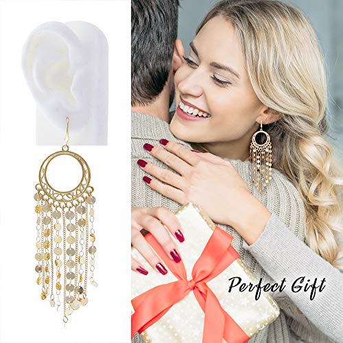 Bohemian Boho Tassel Dangle Drop Earrings for Women – Lightweight Filigree Gypsy Coin Chandelier Disc Charm Hoops – included Gift Box - style: Round - Gold