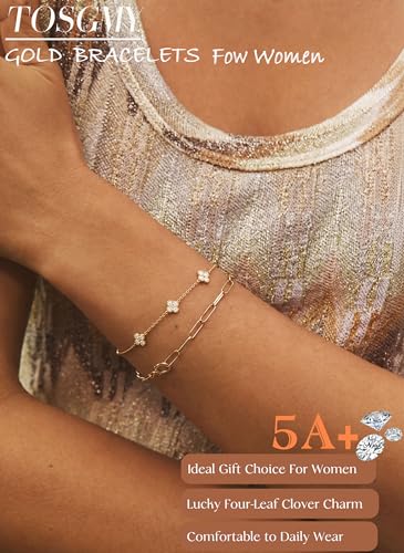 Dainty Silver Gold Bracelets for Women Trendy Non Tarnish 14K Gold Plated Cute Clover Bracelet Stackable Daisy Cubic Zirconia Diamond Charm Bracelet Stack Waterproof Jewelry Gifts - color: 01- Dainty Bracelet- Gold
