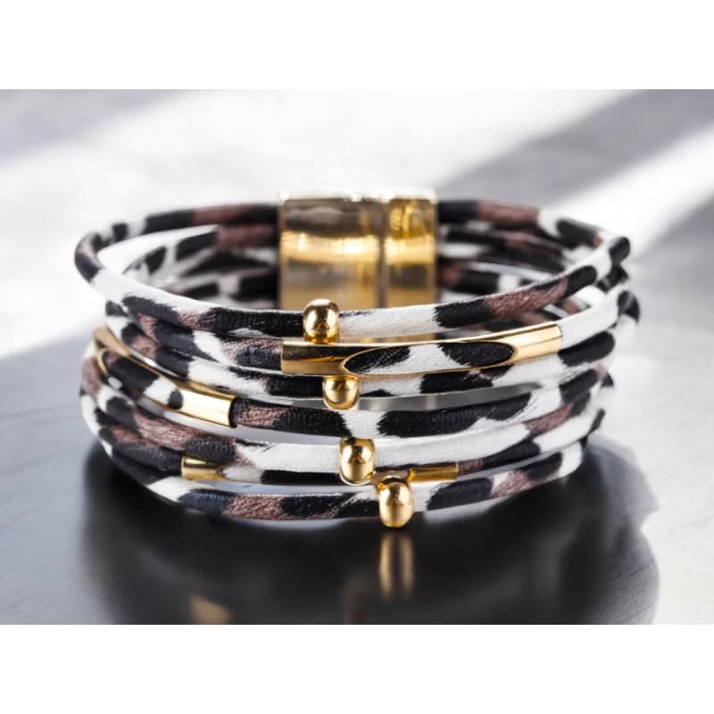 Caiyao Simple Beaded Leather Wrap Bracelets for Women Leopard Print Trendy Layered Stackable Buckle Bohemian Wrist Cuff Bangle Jewelry - color: Grey