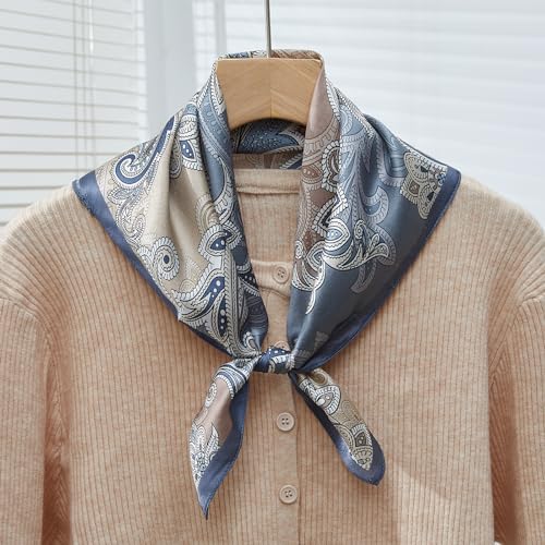 100% Mulberry Silk Neck Scarf 21''x21'' Small Square Hair Scarf for Women Men Lightweight Bandana Envelope Package - color: Cashew- Blue