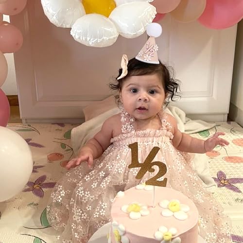Daisy 1/2 Birthday Cone Hat - Bohemian 6 Months Birthday Decorations,Spring Flower Party Crown Photo Props - color: 1/2 Brithday