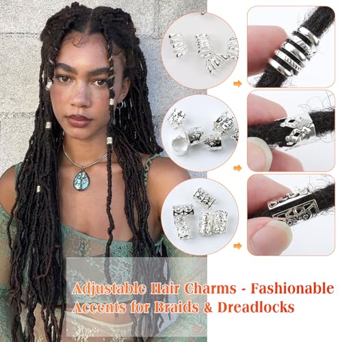 300 Pcs Silver Hair Jewelry for Braids,12 Styles Dreadlock Accessories, Adjustable Metal Hair Clips, Hair Cuff Coils Rings Braiding Decorations for Women Men - color: Silver