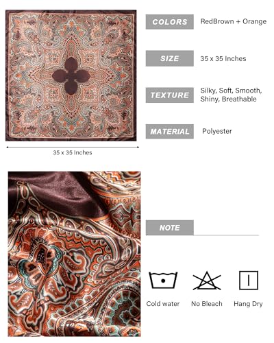 AWAYTR 35” Satin Head Scarf for Women Like Silk Scarf for Hair Scarf Satin Hair Bandana Women Headscarf Hair Wrap Scarf Neck - color: Redbrow + Orange
