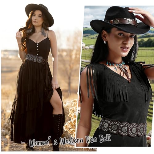 Women Western Disc Belt Boho Disk Concho Leather Belts Adjustable Knot Tie Waist Belts for Dresses - color: Coffee