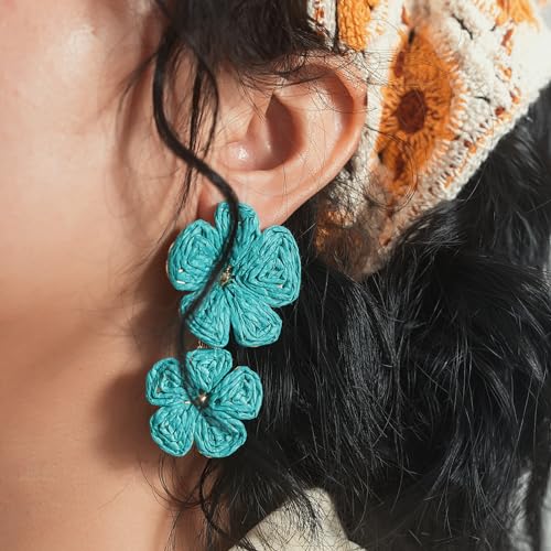 Boho Flower Earrings Statement Raffia Dangle Earrings Cute Floral Jewelry Trendy Summer Beach Vacation Outfits for Women - color: Teal