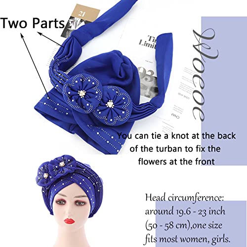 Woeoe Beanie Cap Head Wrap Black Rhinestones Head Scarf Flower Pearls Twisted Head Turban for Women Girls - color: Blue