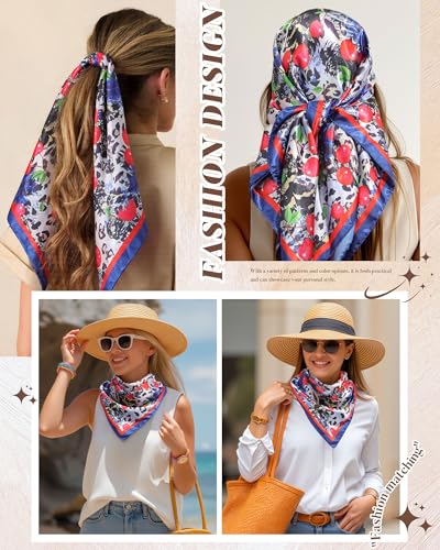 AWAYTR 35” Square Satin Head Scarf Hair Scarf for Women's Hair Silk Bandana for Women Silk Head Wrap for Sleeping - color: Leopard Print Blue