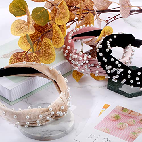 WILLBOND 3 Pieces Pearl Knotted Headbands for Women Velvet Top Knot Head Bands Pearls Hair Hoop for Woman Hair Accessories (Beige, Pink, Black) - color: Beige, Pink, Black