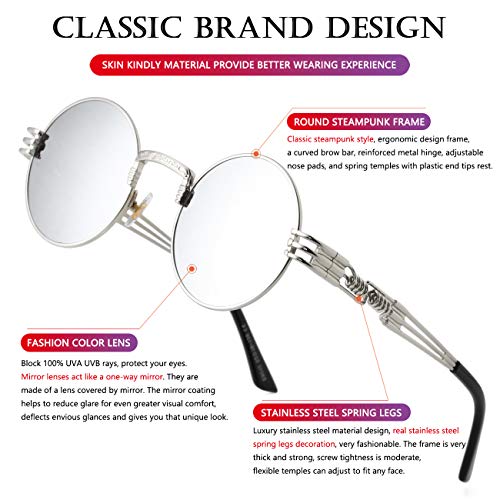 AIEYEZO Round Steampunk Sunglasses for Men Women Retro Circle Hippie Glasses Metal Frame 100% UV Blocking Lens - color: Silver/Silver Mirror