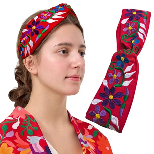 FANFAN Boho Mexican Embroidered Headband - Floral Elastic Hair Band Women Girls Wedding Festival Daily Wear E9 (Red, One Size) - color: Red
