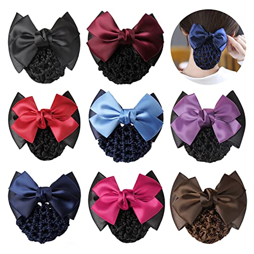 TXIN 8 Pieces Women Hair Snood Net Bowknot Decor Barrette Elastic Mesh Hair Bun Cover Satin Bow Crochet Hairnet Professional Hair Clip Hairpin for Women Girls Working Styling Accessories, 8 Colors