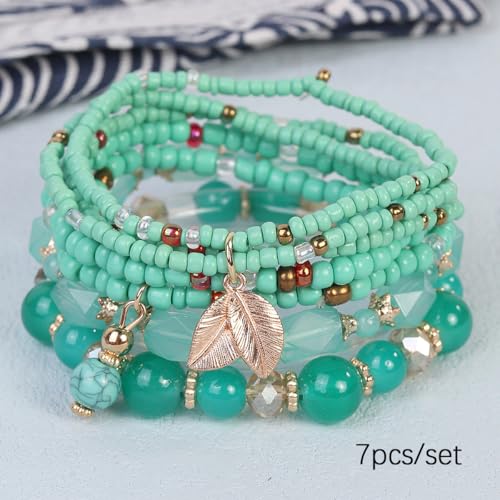 Caiyao 4Pcs Bohemia Multilayer Stackable Beaded Bracelets Set Colorful Crystal Stone Gold Beaded Stretch Bracelets Hawaii Charm Bracelet for Women Men Summer Beach Boho Vacation Jewelry Gifts - color: 7pcs blue