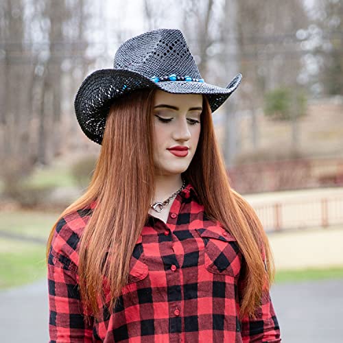 TOVOSO Western Cowgirl Hat, Straw Cowboy Hat for Women with Shapeable Brim, Beaded Hearts Trim, Shapeable Cowboy Hat - color: Black With Blue Trim