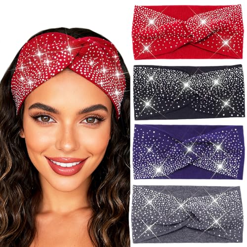 Urieo Wide Sparkly Headbands Rhinestones Stretch Head Bands for Women | Bling Elastic Knotted Headband Bedazzled Crystal Hair Bands - color: Red