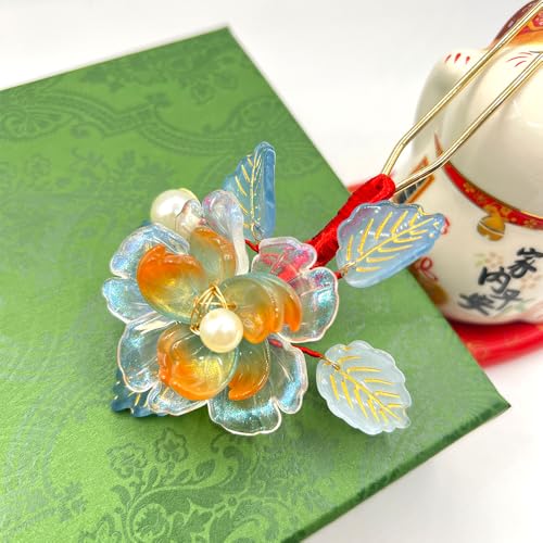 Rosa Orange with Leaves Hairpin Chinese Hanfu and Han Style Hair Retro Flower with Metal Handmade Hair Clip Hair Accessories for Women Girls Long Hair (Rosa Orange) - color: Rosa Orange