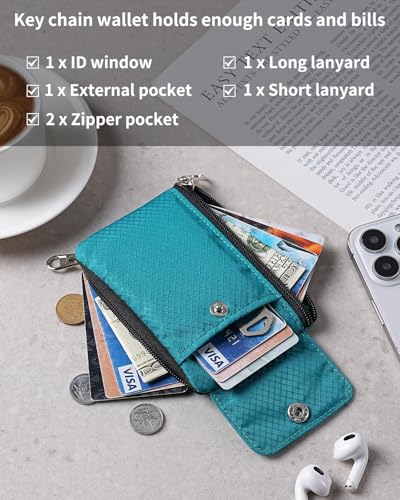Artpaxy Minimalist Wallet For Mens Womens, Keychain RFID Blocking Zipper Small Wallet with ID Window 2 Lanyards,Water Resistant Travel Cash Card Coin Case Boys Girls - color: Turquoise, style: Casual