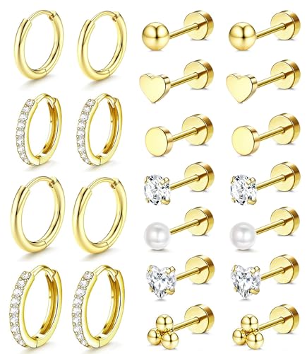 Incaton Hypoallergenic Flat Back Earrings for Women Silver 14K Gold Plated Surgical Stainless Steel Stud Earrings Cubic Zirconia Cartilage Studs Earrings For Multiple Piercing Sensitive Ears - color: E-Gold