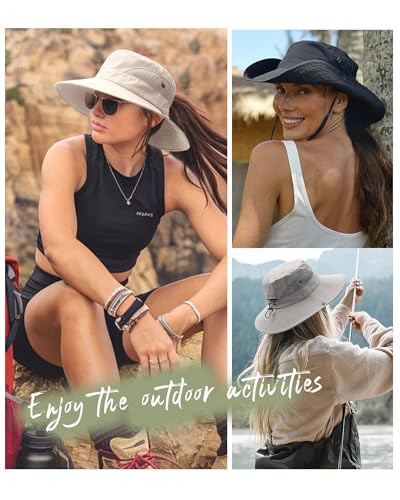 FURTALK Womens Sun Hat with Ponytail Hole Beach Hiking Summer Wide Brim UPF 50+ Outdoor Protection Foldable Bucket Hat - color: Khaki