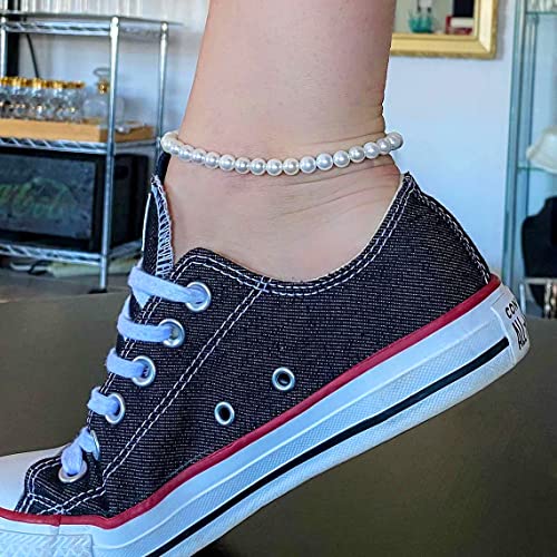 Aobei Pearl Handmade Pearl Beads Anklets for Women Adjustable White Beaded Ankle Bracelet for Wedding Gift