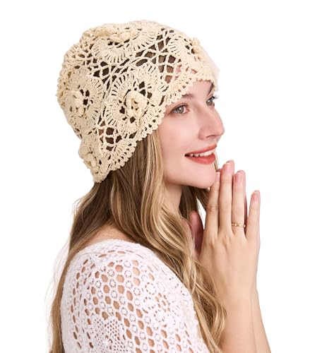 ZLYC Women Cotton Crochet Slouchy Beanie Hat Handmade Knit Summer Skull Cap - color: Decorative Flowers Beige