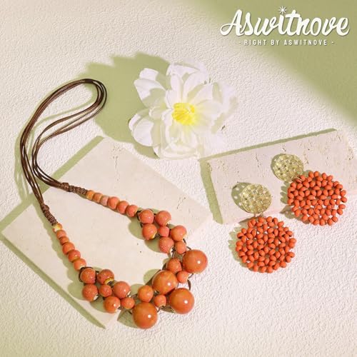 2 Pcs Hippie Boho Colorful Ceramic Beaded Necklace and Earrings Set for Women Adjustable Chunky Round Beads Strand Statement Necklace Colorful Summer Beaded Earrings Bohemian Jewelry Gift - color: Dark Pink