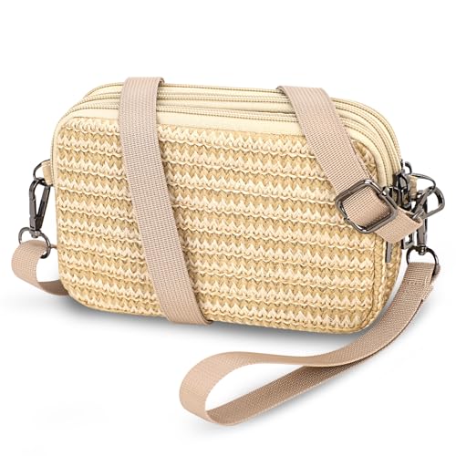 Small Wristlet Wallet for Women, 3-Zip Crossbody Phone Purse - color: Natural/Pp Straw