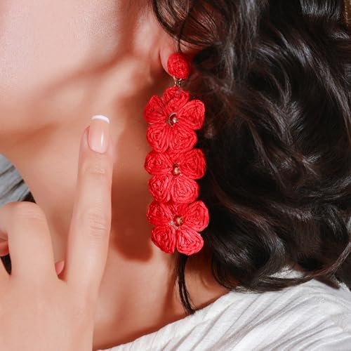 Boho Flower Earrings Statement Raffia Dangle Earrings Cute Floral Jewelry Trendy Summer Beach Vacation Outfits for Women - color: Red-2