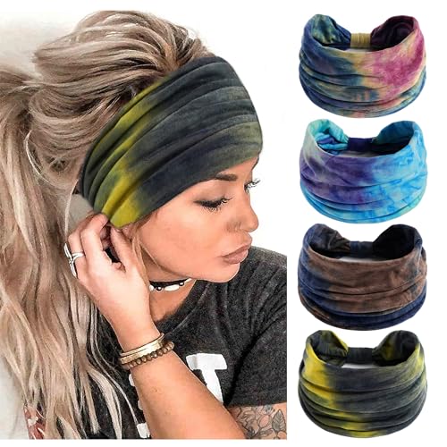 FULZTEY Boho Headbands for Women Wide Head Bands Kontted Trendy Tie Dye Headband Soft Thick Bandanas Elastic Workout Yoga Hairbands Fashion Hair Accessories for Women 4 pcs - color: Style 2