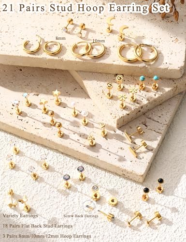 LOLIAS 21Pairs Surgical Steel Flat Back Earrings Hypoallergenic 20G Screw Back Nap Stack Cartilage Earring Stacks - color: 14K Gold-plated