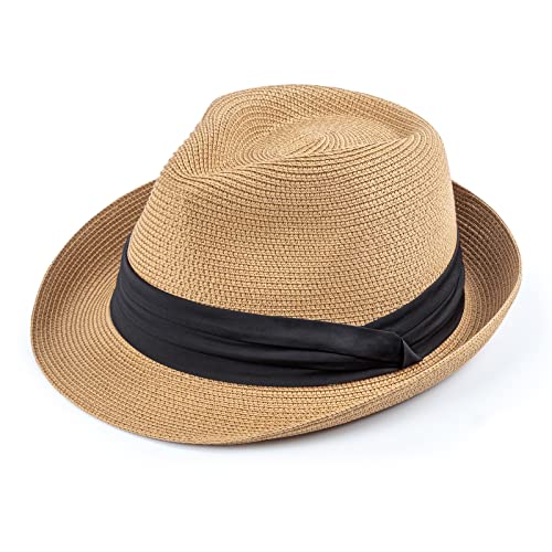 DRESHOW Women Straw Sun Hat Short Brim Panama Travel Fedora Summer Hat Roll Up Beach Cap for Women UPF 50+ - color: Khaki Fa