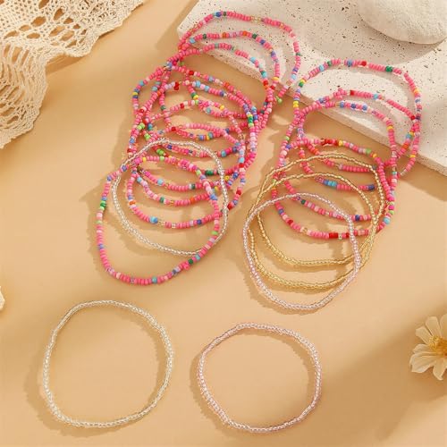 Fuqimanman2020 18Pcs Boho Stackable Beaded Bracelets for Women Colorful Handmade Multilayered Rice Beads Anklets Set Summer Beach Bohemian Jewelry Gift - color: Style 1 Pink A