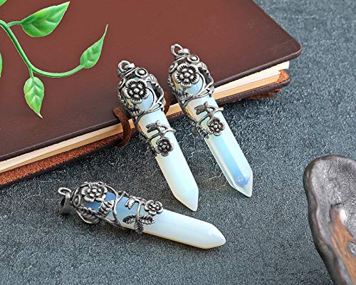 Top Plaza Antique Silver Flower Wrapped Synthetic Opalite Healing Crystal Necklace - color: Synthetic Opalite