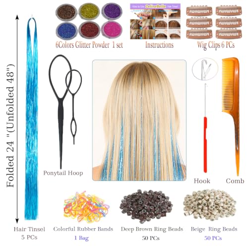 Celinebella Aqua Glow Hair Tinsel, 48" 1250 Strands Cool Blue Shimmer | Fresh cool aqua blue glow, bright icy shimmer, heat resistant, ideal for summer events themed parties cosplay - color: 08-Aqua Glow, size: 48 Inch Pack of 5Pcs