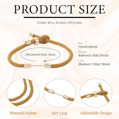 FASHEWELRY 4 Pcs Braided Nylon Cord Bracelet Black Brown White Adjustable Cord Bracelets Woven Friendship Rope Boho Bracelet with Golden End Connector for DIY Jewelry Making (9.45 inch)