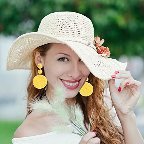 Boho Raffia Ball Earrings for Women, Handmade Statement Drop Earrings Straw Dangle Earrings Beach Vacation Jewelry - color: Yellow