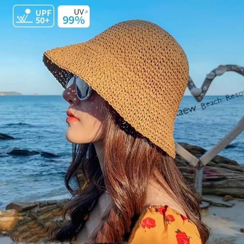 Womens Floppy Straw Sun Hat Packable Wide Brim Summer Beach Hat Foldable Crochet Bucket Hats - color: Khaki 2