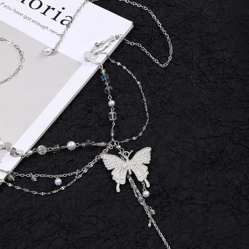 Y2k Belly Chain Rhinestone Butterfly Waist Beads Pearl Layered Silver Chain Belt For Women