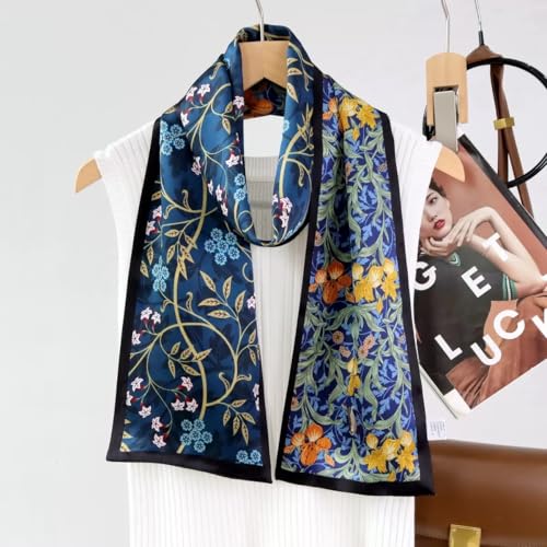 ANDANTINO 100% Silk Scarf for Women 59”*6.3” Long Shawls for Headscarf and Neck- Oblong Hair Wraps with Gift Packed - color: Floral-navy Blue