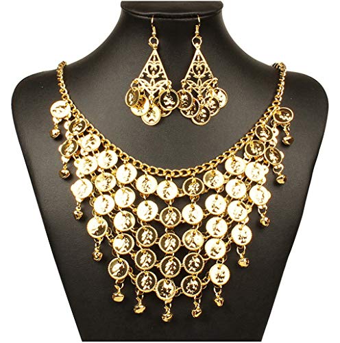 Seawhisper Belly Dance Golden/Silver Coins Necklace and Earrings Bracelets - color: Golden(3pcs:1 necklace + 2 earrings)