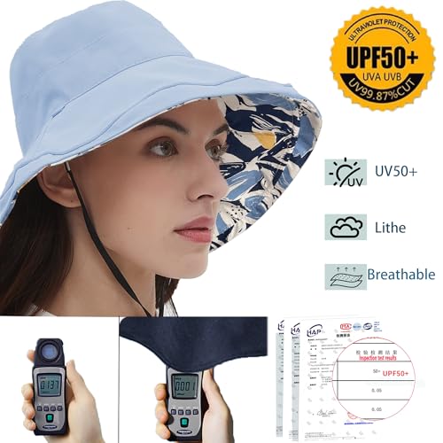 vidsel Womens Sun Hats Wide Brim Reversible Bucket Cotton Hat Packable Summer Travel Cap with Hat Clip,UV Protection - color: Blue2, size: Medium