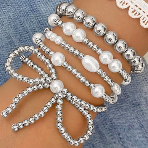 Gold Bow Beaded Bracelet Set for Women Stackable Bow Pearl Bracelets Fashion Stretch Bracelet Adjustable Charm Bracelets Stackable Beaded Chain Set for Her