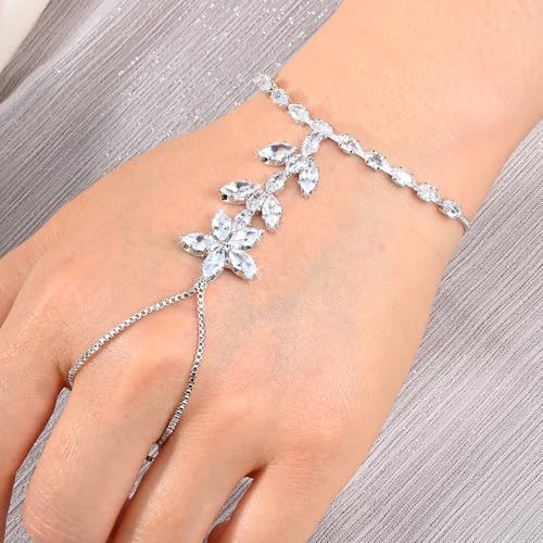 Adjustable Hand Chain Bracelet Women, 16K Gold Plated Finger Bracelet, Secure Ball Clasp Elegant Slave Hand Jewelry, Y2K Aesthetic Accessories for Summer Festival Prom Beach Vacation Daily Wear - color: style11-16K silver-plated