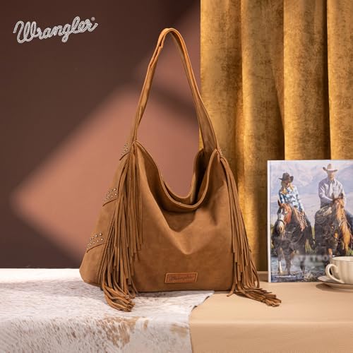 Wrangler Fringe Suede Hobo Bag for Women Leather Western Fringe Purse Tassel Hippie Shoulder Bag - color: Bright Brown