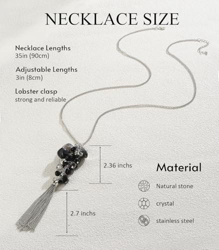Noessla Boho Long Pendant Necklaces for Women Silver Tassel Long Necklace Sweater Chain Mothers Day Gifts Silver Costume Jewelry for Women - color: Black