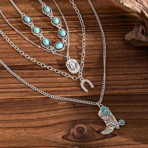 Western Necklaces Boho Layered Charm Necklace for Women Turquoise Beaded Choker Ox-head Pendant Necklace Western Jewelry for Women Cowgirl Accessories - color: Style-H