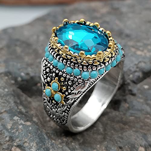 SUKKCCNO Vintage Turquoise Blue Crystal Ring for Men 14K Gold Plated Luxury Sapphire Surround Round Cut Synthetic-Turquoise Silver Plated Ring Turkish Handmade Engrave Jewelry Gift 9 - size: 9
