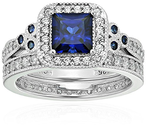 Amazon Essentials Platinum or Gold Plated Sterling Silver Antique Ring set with Asscher-Cut Infinite Elements Cubic Zirconia - color: Created Blue Sapphire/Platinum, size: 9